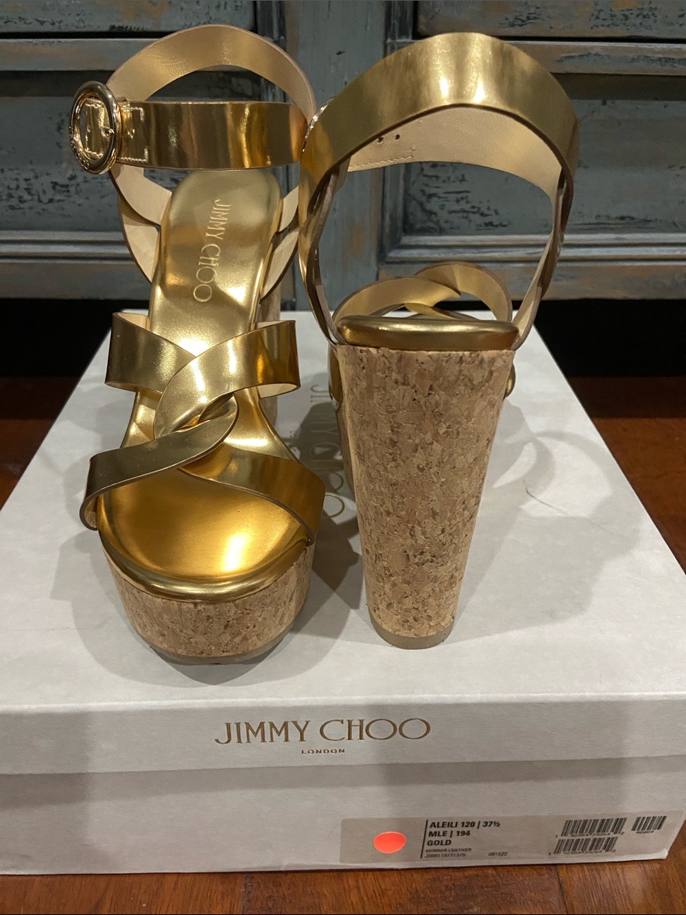 Jimmy Choo Metallic Gold Cork Platform Aleili 120 wedges